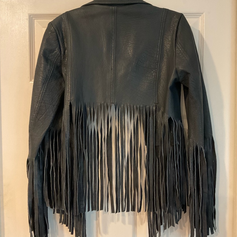 Top Shop Kate Moss leather dark blue navy fringe jacket sz 6 - Picture 2 of 8